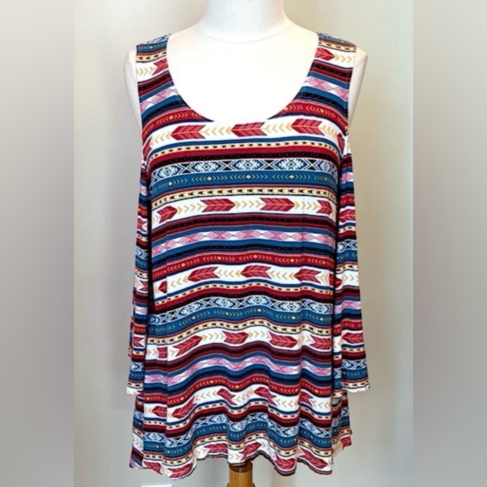 Wrangler Red Blue Aztec Print SZ XL Western Boho Rodeo Style Cold Shoulder Top